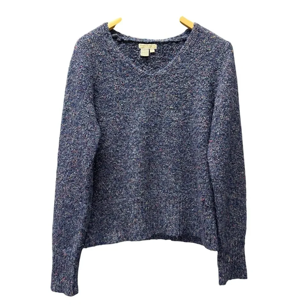 Royal Robbins‎ Sweater Womens Large Blue Confetti Fuzzy Knit V-Neck Pullover
